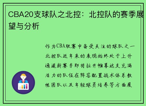 CBA20支球队之北控：北控队的赛季展望与分析
